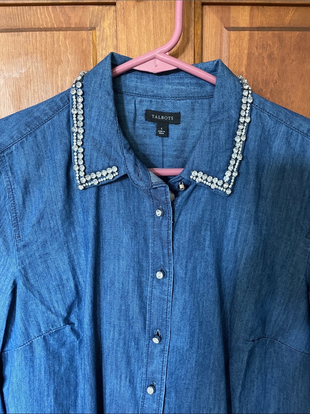 Talbots denim embellished collar blouse